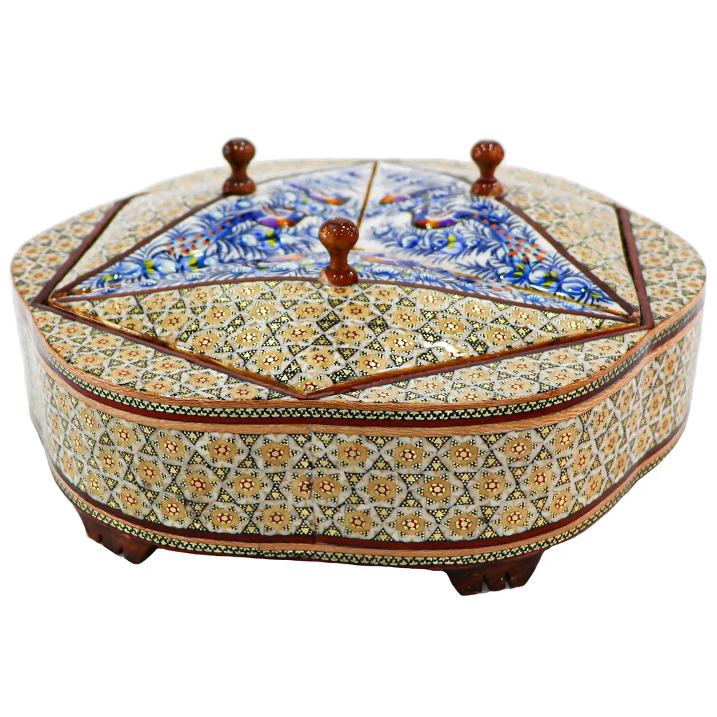 شکلات خوری خاتم کاری صنایع دستی فاخر مدل 3 درب طرح گل و مرغ برجسته کد Bl3d25