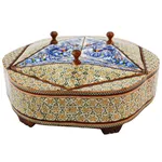 شکلات خوری خاتم کاری صنایع دستی فاخر مدل 3 درب طرح گل و مرغ برجسته کد Bl3d25