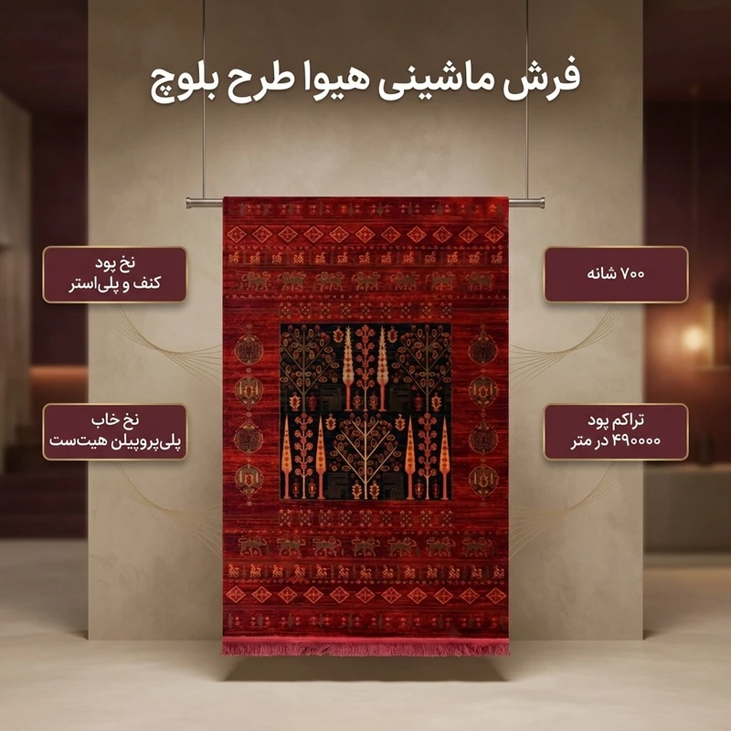 عکس شماره 2 : فرش ماشینی هیوا طرح بلوچ کد 3-219 زمینه لاکی