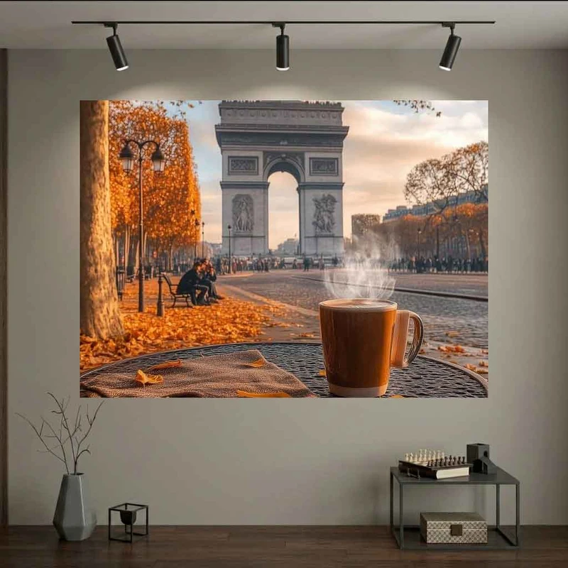 پوستر طرح  پاریس پاییزی مدل قهوه و برگ ریزان1 کد DV1683