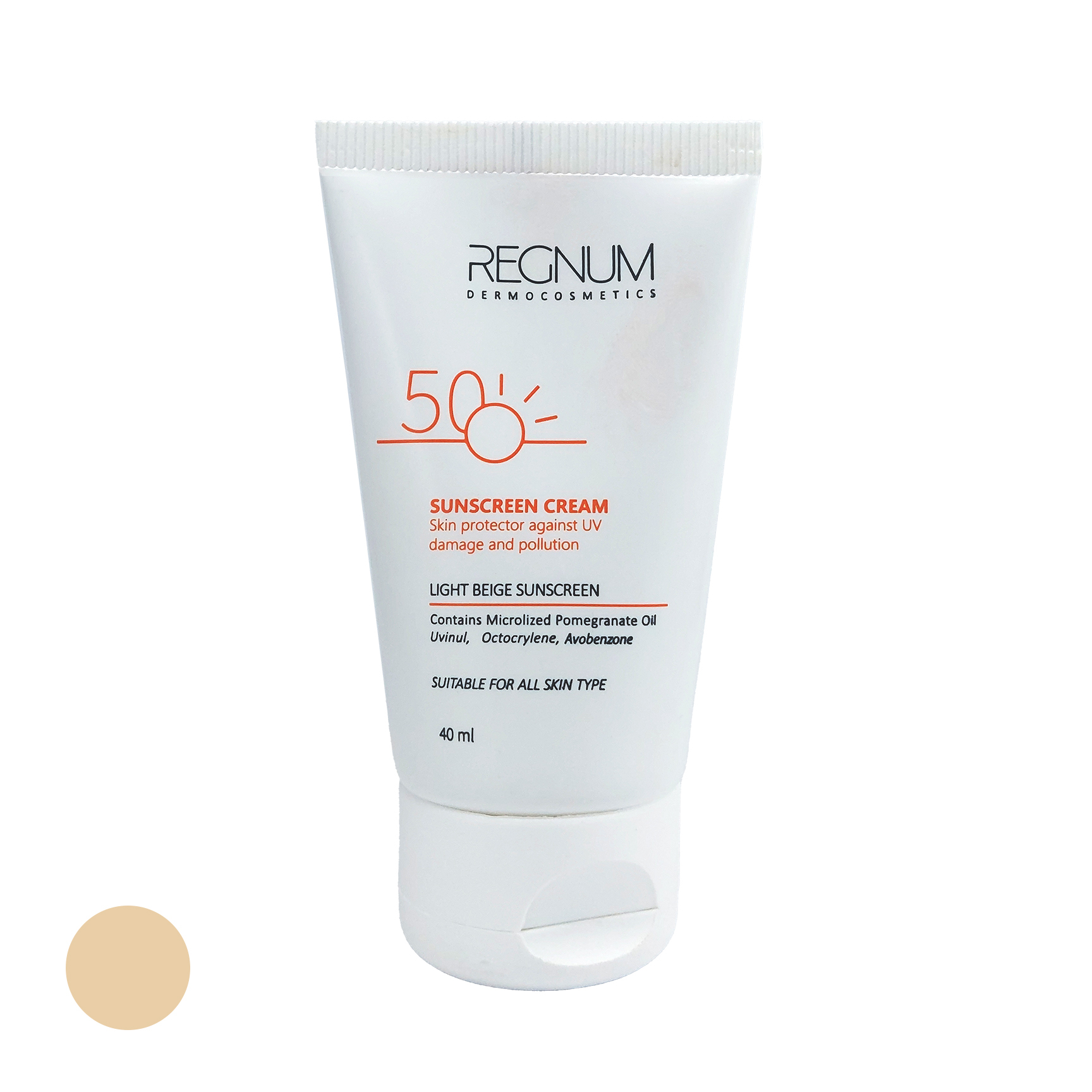 کرم ضد آفتاب رنگی رگنوم SPF50 مدل Royal محافظ UVA ،UVB و PA++، ضد حساسیت، ضد چروک و ضد پیری، مناسب برای انواع پوست حجم 40 میلی‌لیتر