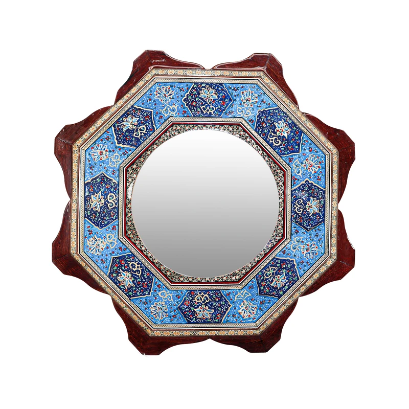 آینه خاتم کاری چوبی صنایع دستی فاخر مدل دالبری هشت ضلعی طرح تذهیب کد Octagonal52mr23Bl