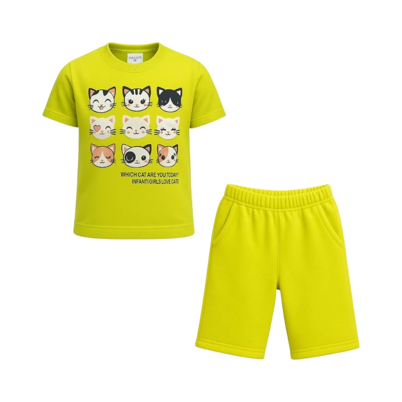 ست تی شرت آستین کوتاه و شلوارک راحتی دخترانه مدل PJ1066