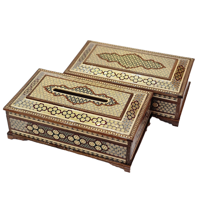 جعبه دستمال کاغذی خاتم کاری چوبی مدل کلبه ای لاله ای به همراه جعبه کارد و چنگال