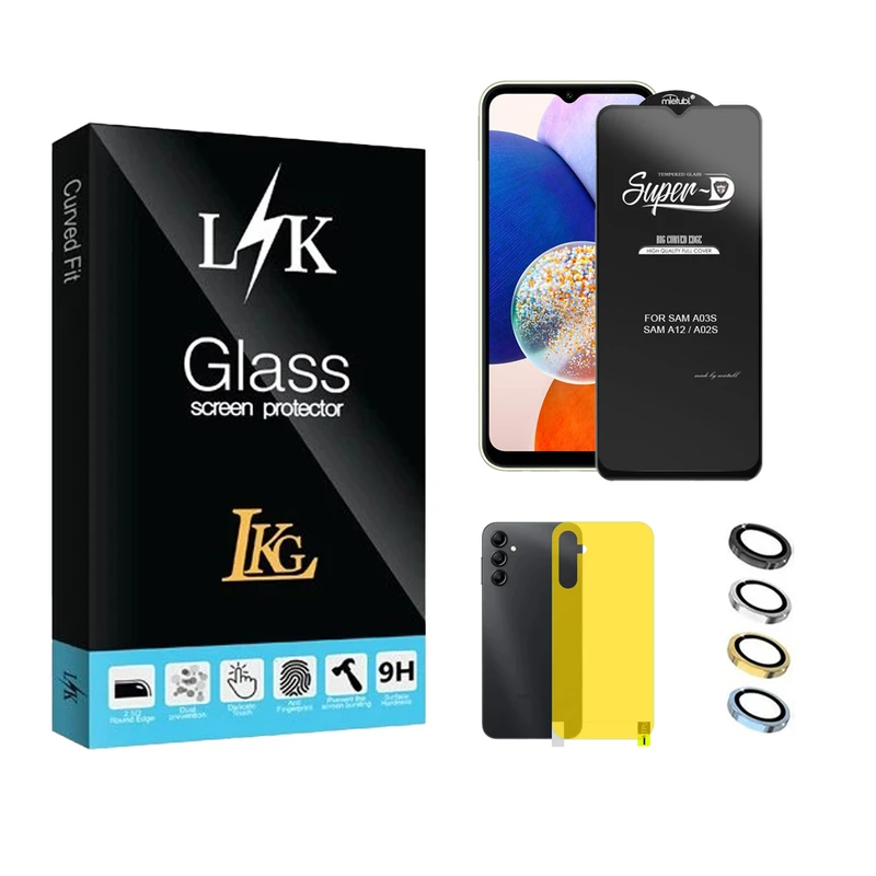 محافظ صفحه نمایش ال کا جی مدل سوپر دی مناسب برای گوشی موبایل سامسونگ Galaxy A14 4G به همراه محافظ پشت گوشی و محافظ لنز