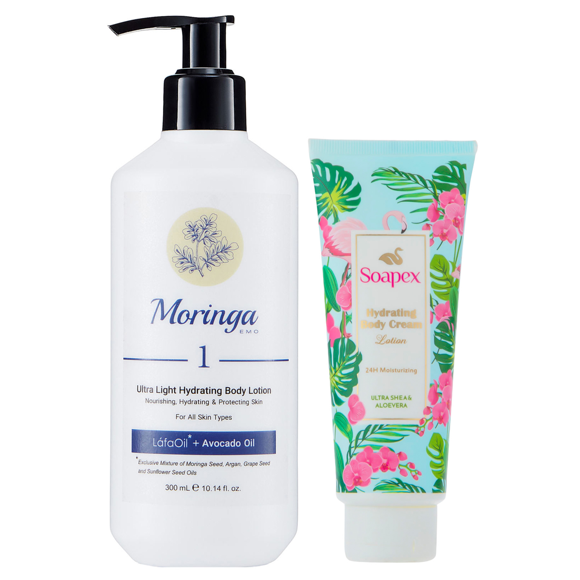  لوسیون بدن مورینگا امو مدل BL1 حجم 300 میلی لیتر به همراه لوسیون بدن سوپکس مدل Aloevera حجم 130 میلی لیتر 