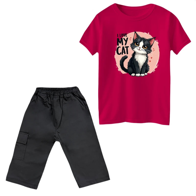 ست تی‌شرت آستین کوتاه و شلوارک دخترانه مدل گربه