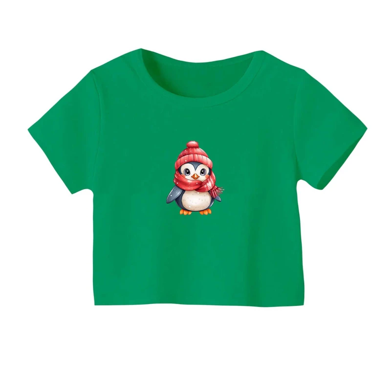 کراپ‌ تی‌شرت آستین کوتاه زنانه مدل پنگوئن زمستونی