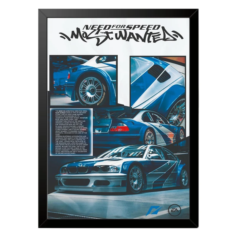 تابلو بکلیت طرح ماشین و خودرو بی ام و BMW M3 GTR NEED FOR SPEED MOST WANTED مدل b-po1578 فریم مشکی