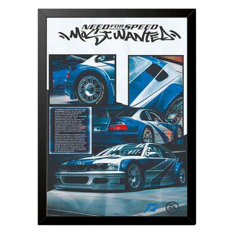 تابلو بکلیت طرح ماشین و خودرو بی ام و BMW M3 GTR NEED FOR SPEED MOST WANTED مدل b-po1578 فریم مشکی
