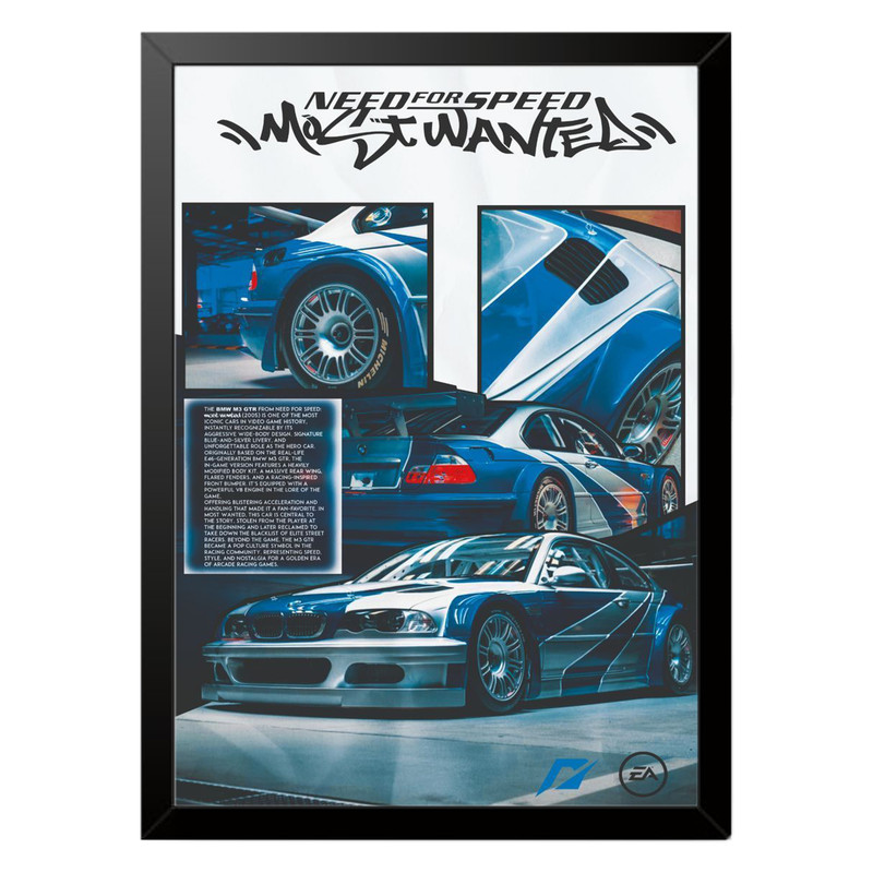 تابلو بکلیت طرح ماشین و خودرو بی ام و BMW M3 GTR NEED FOR SPEED MOST WANTED مدل b-po1578 فریم مشکی