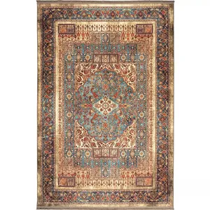 فرش ماشینی 1200 شانه زمینه کرم خاکی حاشیه سبز طرح هلنا کد25NH0010