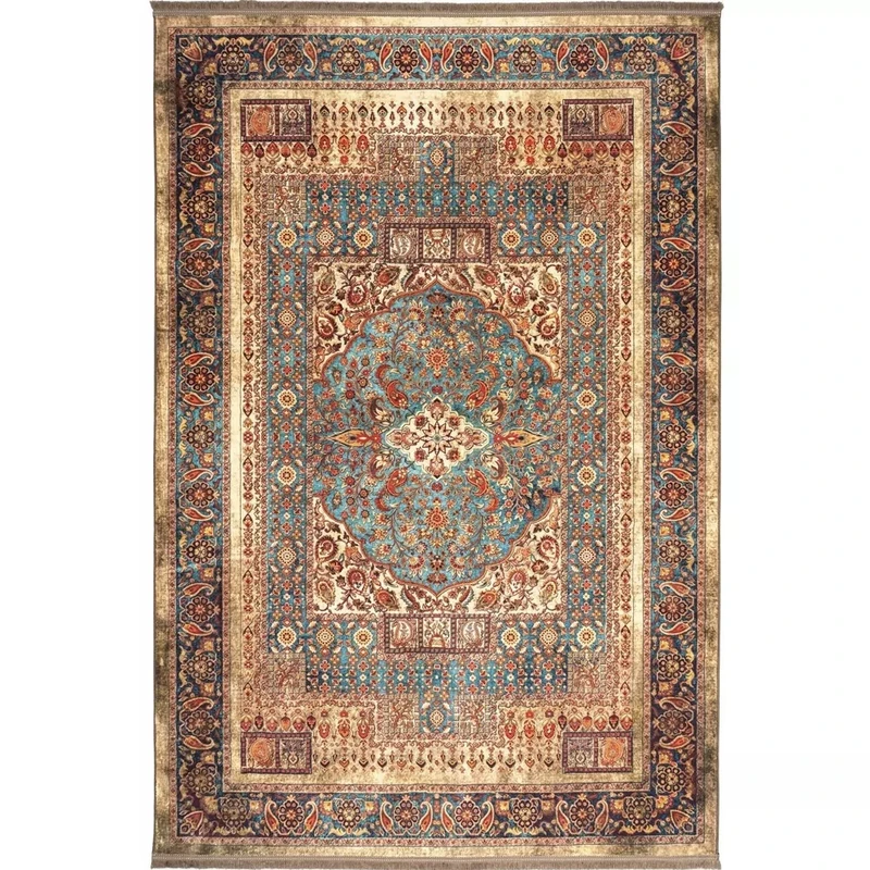 فرش ماشینی 1200 شانه زمینه کرم خاکی حاشیه سبز طرح هلنا کد25NH0010