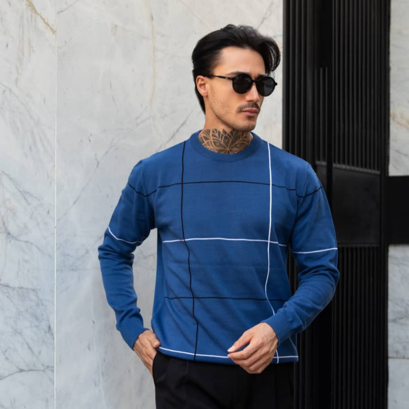 پلیور مردانه مدل یقه گرد خط دار رنگ آبی