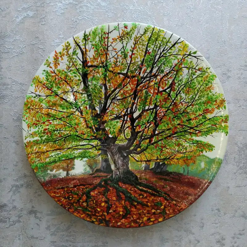 بشقاب دیوار کوب سفالی طرح جنگلی مدل پاییز مازیچال