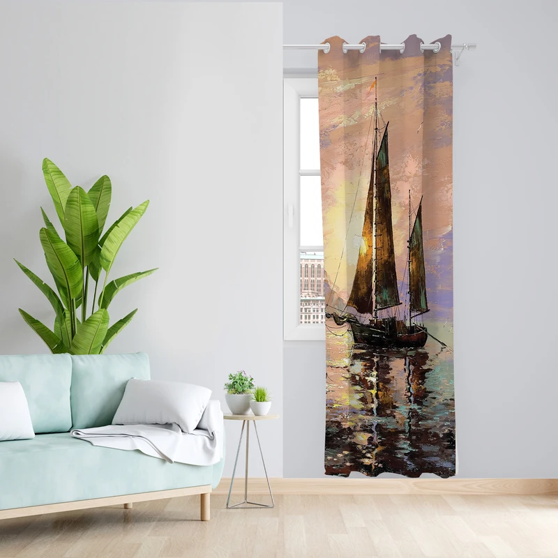 پرده طرح کشتی و دریا مدل مخمل پانچی کد  L 202 Z سایز 140x200 سانتی متر