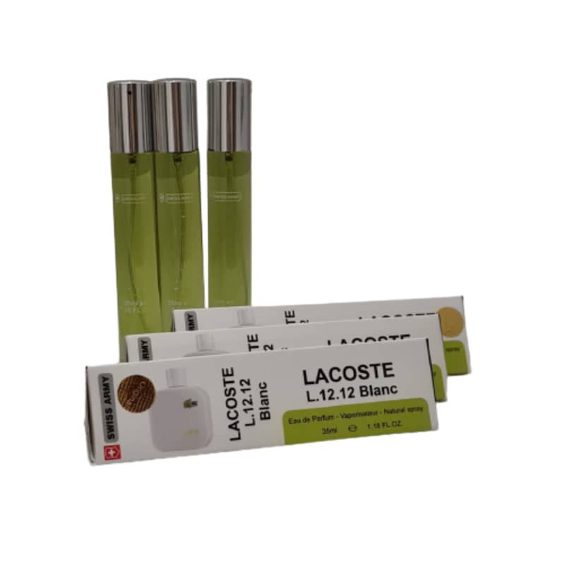 عطر جیبی مردانه سوئیس آرمی مدل Lacoste L.12.12 Blanc حجم 35 میلی لیتر مجموعه 3 عددی عطر جیبی مردانه سوئیس آرمی مدل Lacoste L.12.12 Blanc حجم 35 میلی لیتر مجموعه 3 عددی