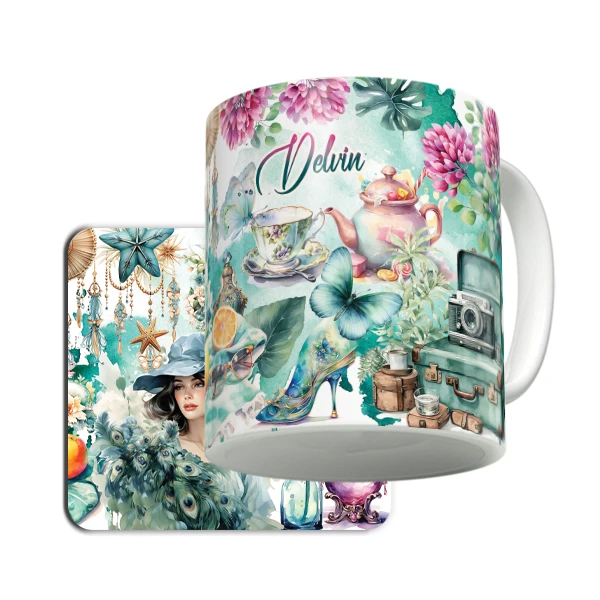 ماگ لاژید مدل اسم دلوین طرح نقاشی آبرنگ به همراه زیر لیوانی