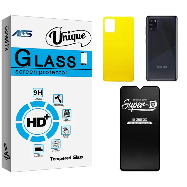 محافظ صفحه نمایش شیشه ای ای اف اس مدل Unique  Super-D مناسب برای گوشی موبایل سامسونگ GALAXY A31  به همراه محافظ پشت گوشی