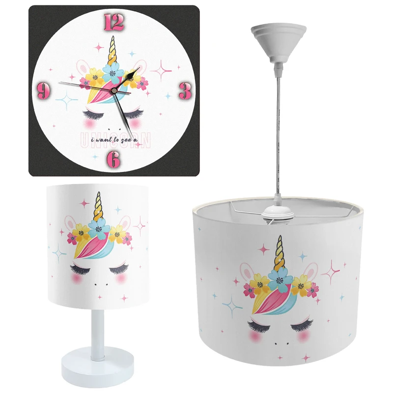 لوستر و آباژور کودک طرح یونی کرن مدل SET-029 به همراه ساعت