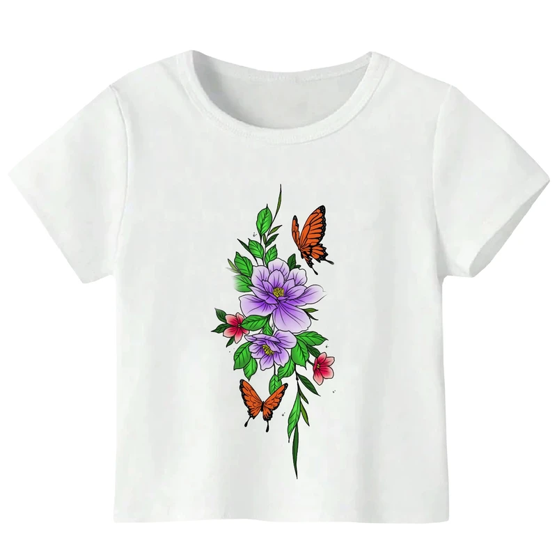 تی‌شرت آستین کوتاه دخترانه مدل W149 طرح گل و پروانه