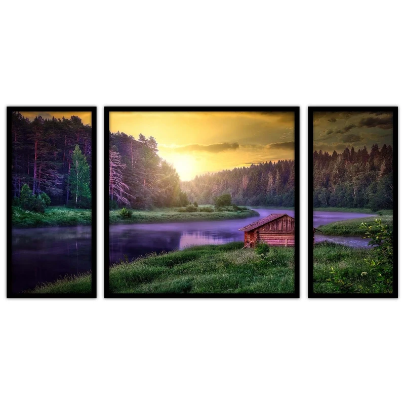 تابلو بکلیت طرح منظره طبیعت و  کلبه مدل B-bu3185 مجموعه 3 عددی