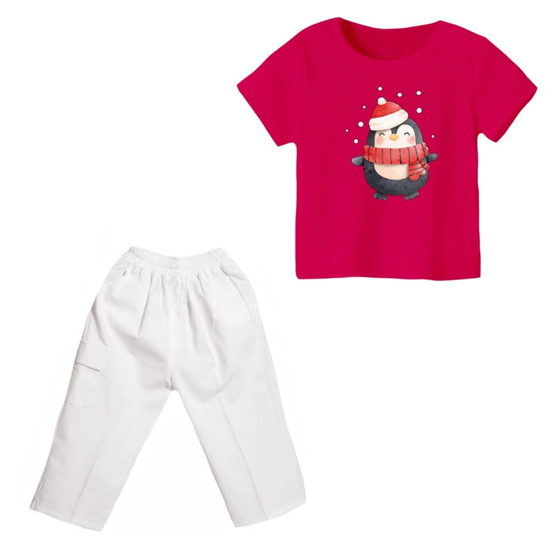 ست تی شرت و شلوارک دخترانه مدل پنگوئن کد ۹