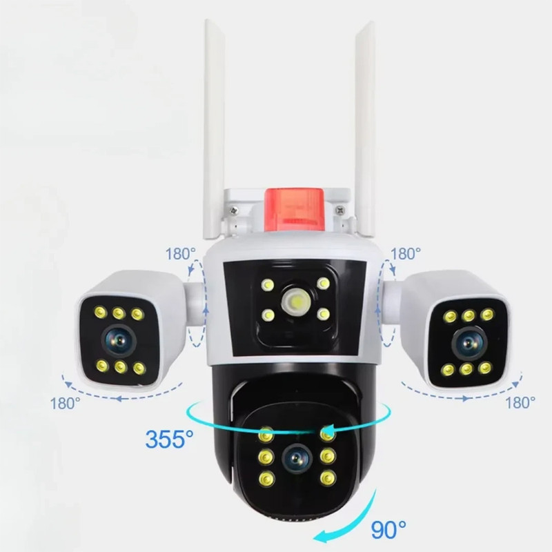 دوربین مداربسته تحت شبکه سیم‌کارتی 3 مگاپیکسلی مدل QQ849-WP-4-4G، دارای 3 لنز، اتصال 4G، چرخش افقی و عمودی، دید در شب، تشخیص حرکت، تعقیب سوژه، مکالمه دوطرفه، پشتیبانی از کارت حافظه Micro SD تا 256 گیگابایت و استاندارد ضدآب IP66