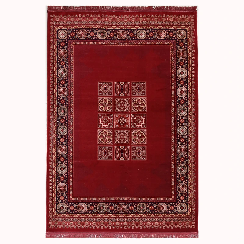 فرش ماشینی 500 شانه ستاره طلایی ملت زمینه قرمز لاکی حاشیه لاکی مدل بلوچ 114