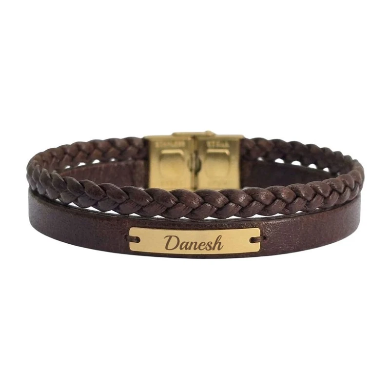 دستبند طلا 18 عیار مردانه با بند چرمی لیردا مدل اسم دانش 125050