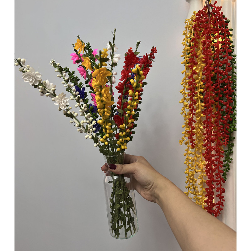 گل مصنوعی مدل شاخه ای گل و غنچه مجموعه 3 عددی