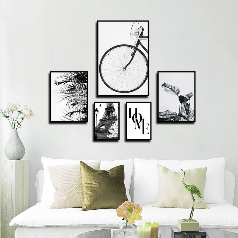 تابلو بکلیت طرح منظره برج ایفل و دوچرخه مدل B-3975 فریم مشکی مجموعه 5 عددی