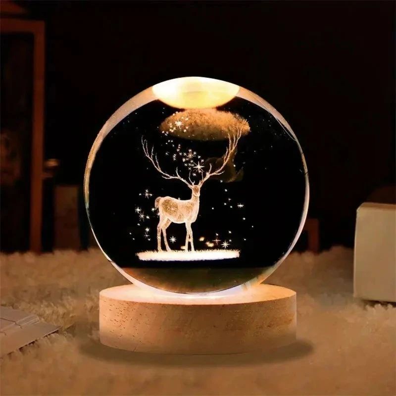 چراغ خواب مدل گوی شیشه ای 3D طرح گوزن کد M20