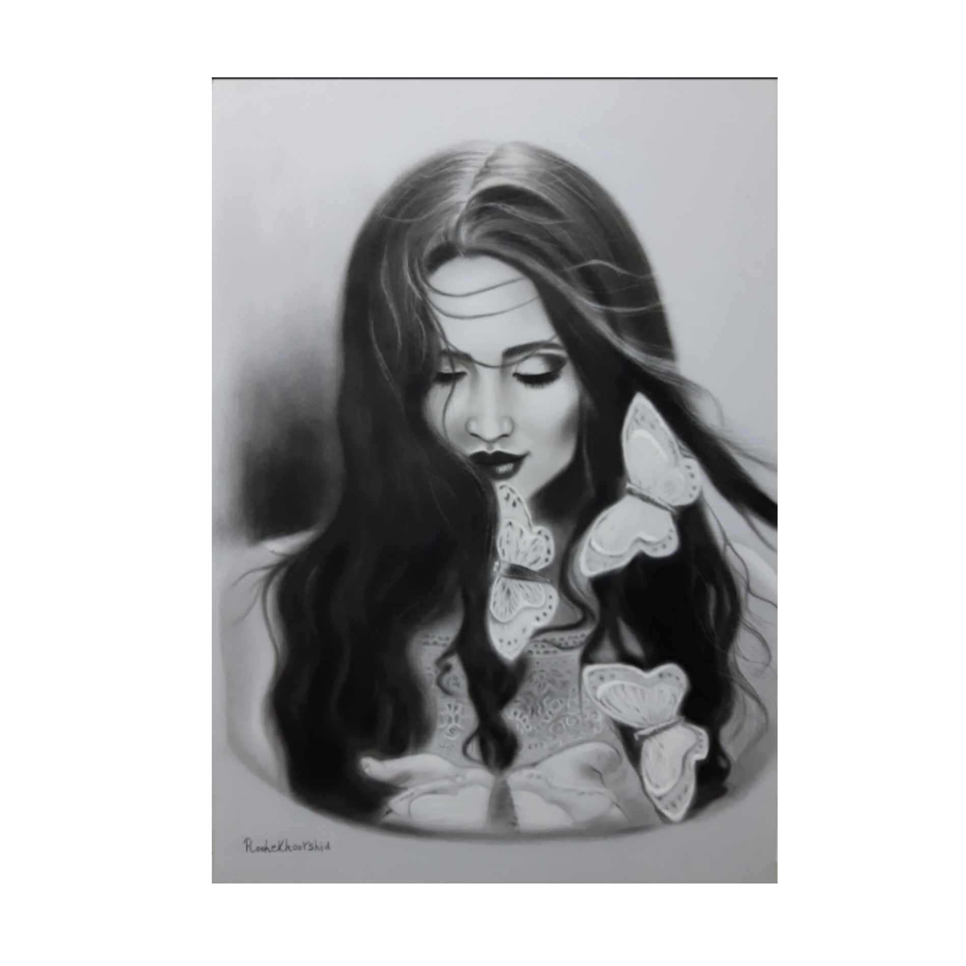 تابلو نقاشی سیاه قلم مدل چهره و پروانه