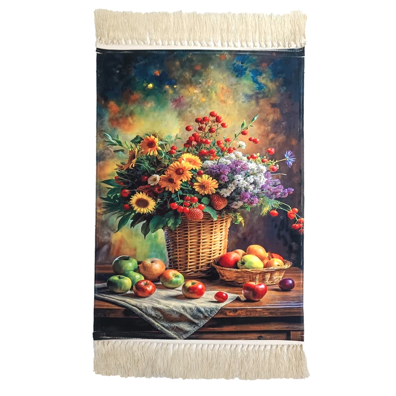 فرش ماشینی 1000 شانه زمینه سفید حاشیه سفید مدل طرح سبد گل 01