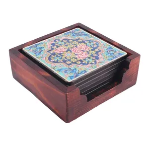 زیر لیوانی چوبی طرح کاشی گل دار کد 8018 مجموعه 6 عددی