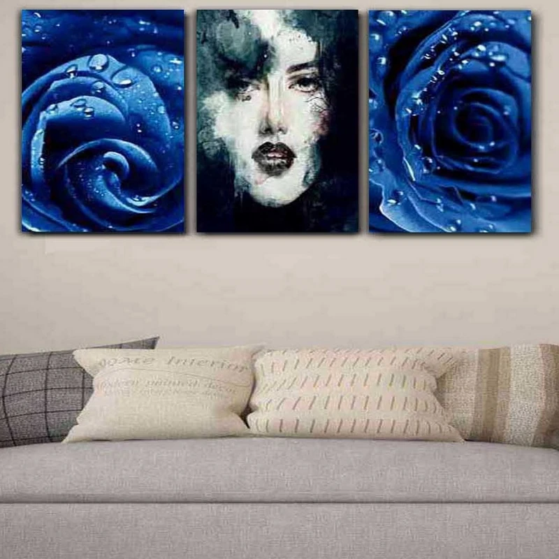 تابلو شاسی بکلیت طرح دکوراتیو چهره و گل رز آبی مدل SH-203 مجموعه 3 عددی