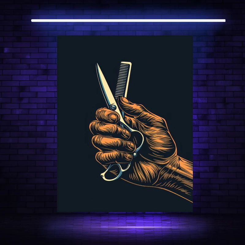 پوستر پارچه ای مدل بک دراپ بلک لایت شانه و قیچی کد FP105124