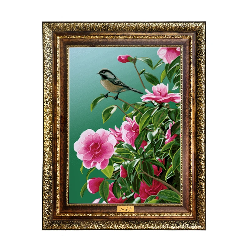 تابلو فرش ماشینی نقش نگار رضوی طرح گل و بلبل کد 1039H