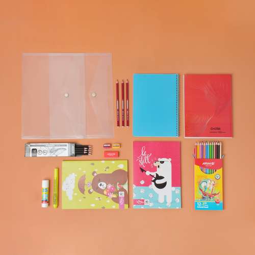 بسته لوازم تحریر آریا مدل پکیج دانش آموزان ممتاز دبستانی ها مجموعه 21 عددی به همراه هدیه