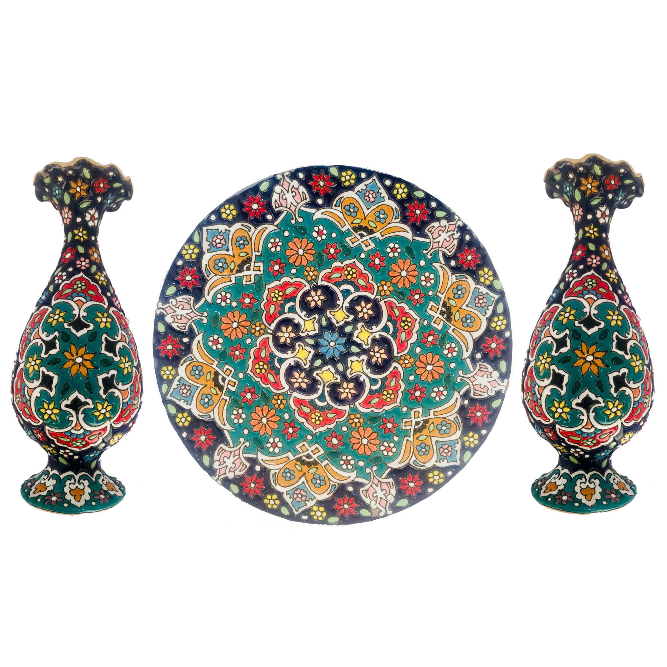 ست سه تکه گلدان و بشقاب میناکاری سفال کد MZN21002