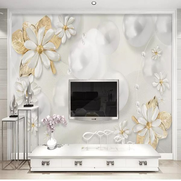 پوستر دیواری سه بعدی مدل گل برجسته سفید برگ طلایی گوی DVRF1278