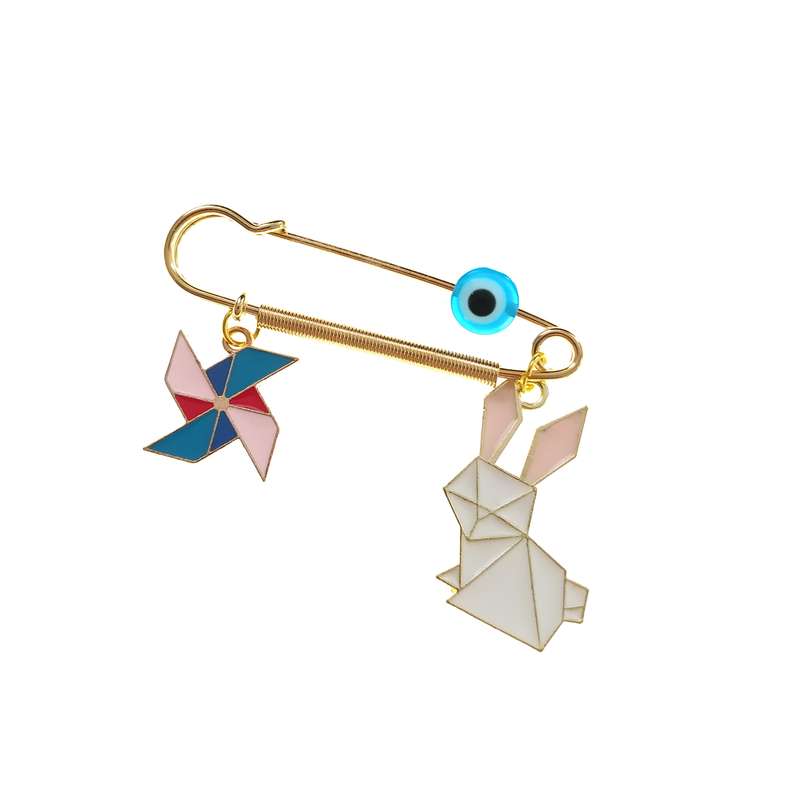 سنجاق سینه دخترانه مدل خرگوش اوریگامی و فرفره و چشم نظر