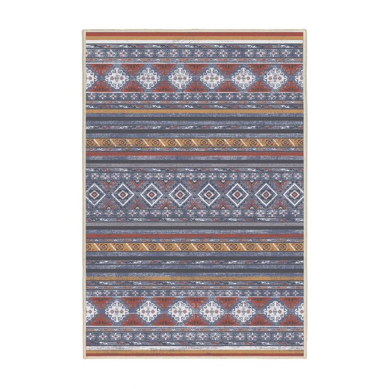 فرش ماشینی 1000 شانه اورکوم زمینه آبی حاشیه قرمز طرح مینیمال سورین کد OR.1125.01