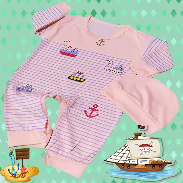 ست سرهمی و کلاه نوزادی مدل Ship رنگ گلبهی