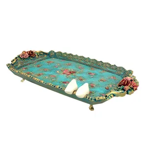 سینی مدل باغ فیروزه ای و پرنده 