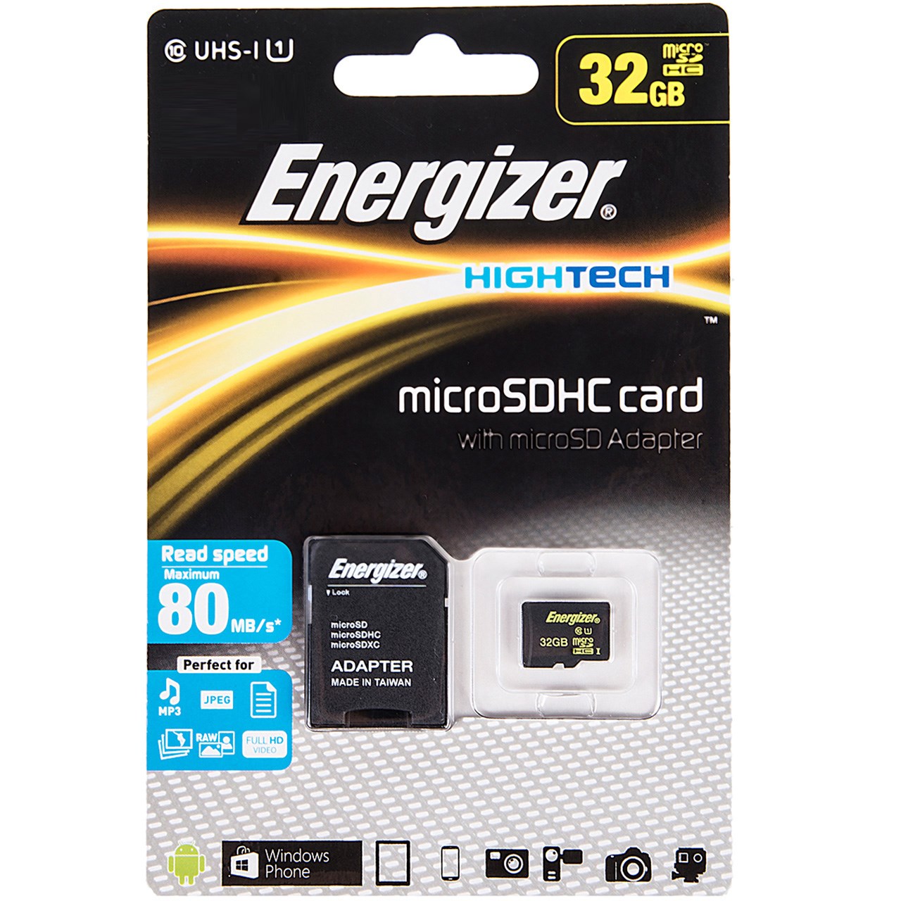 کارت حافظه microSDHC انرجایزر مدل Hightech کلاس 10 استاندارد UHS-I U1 سرعت 80MBps همراه با آداپتور SD ظرفیت 32 گیگابایت