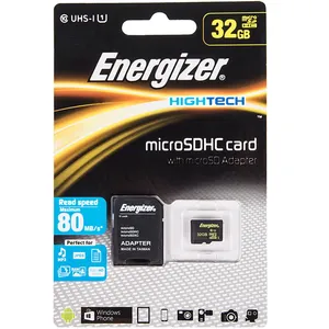 کارت حافظه microSDHC انرجایزر مدل Hightech کلاس 10 استاندارد UHS-I U1 سرعت 80MBps همراه با آداپتور SD ظرفیت 32 گیگابایت