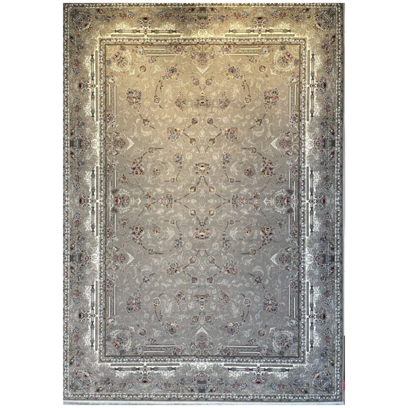 فرش ماشینی 1200 شانه زمینه نقره‌ای حاشیه سیلور مدل طوطیا