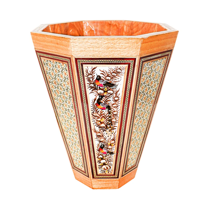 سطل خاتم کاری چوبی صنایع دستی فاخر مدل ممتاز طرح گل و مرغ برجسته کد Br292612